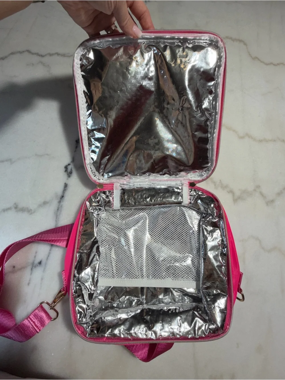 Hot Pink 'LUNCH' Box Crossbody Bag with Smiley Patch